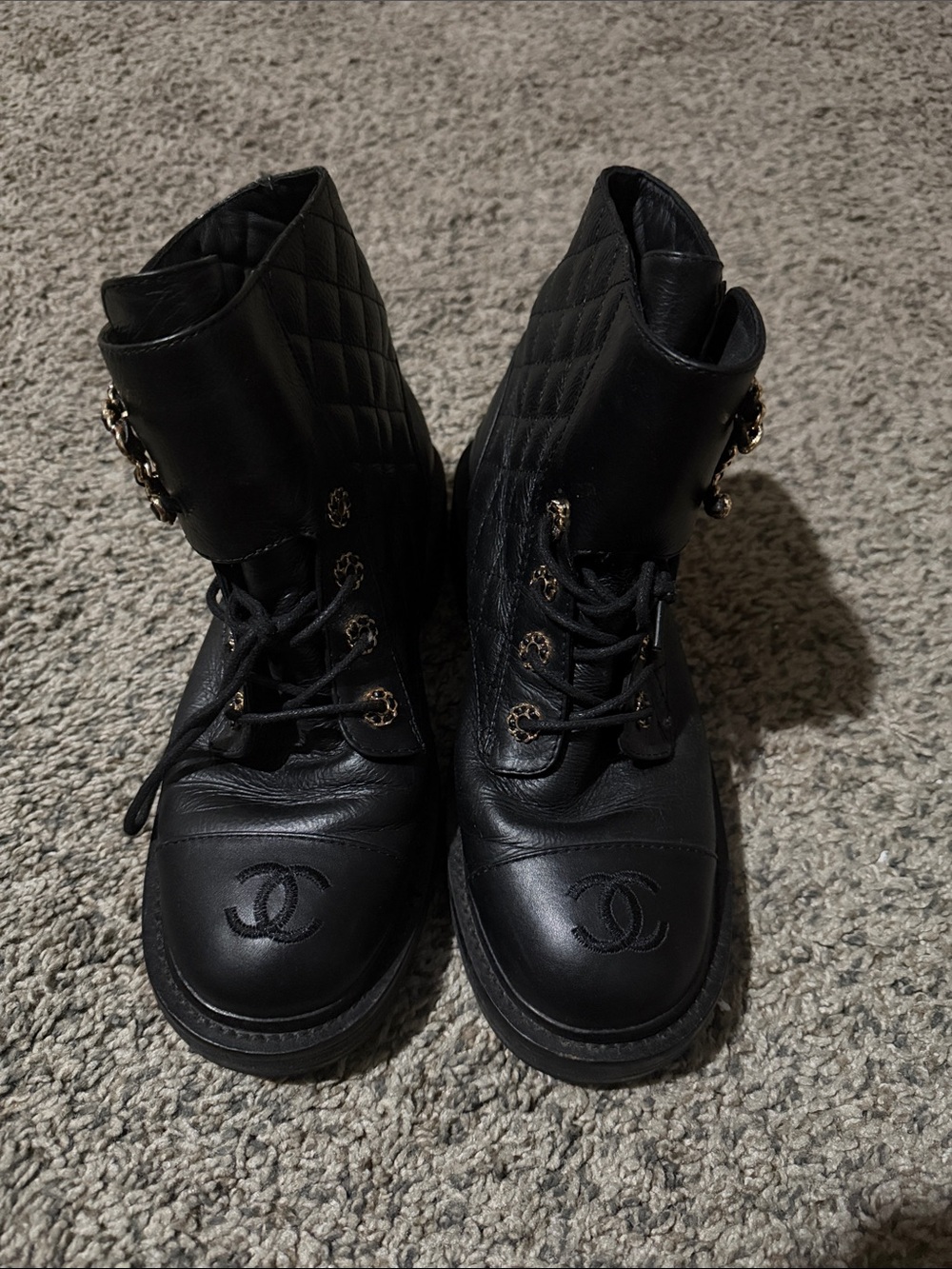 CHANEL Black Quilted Lace-Up Combat Boots with CC Logo